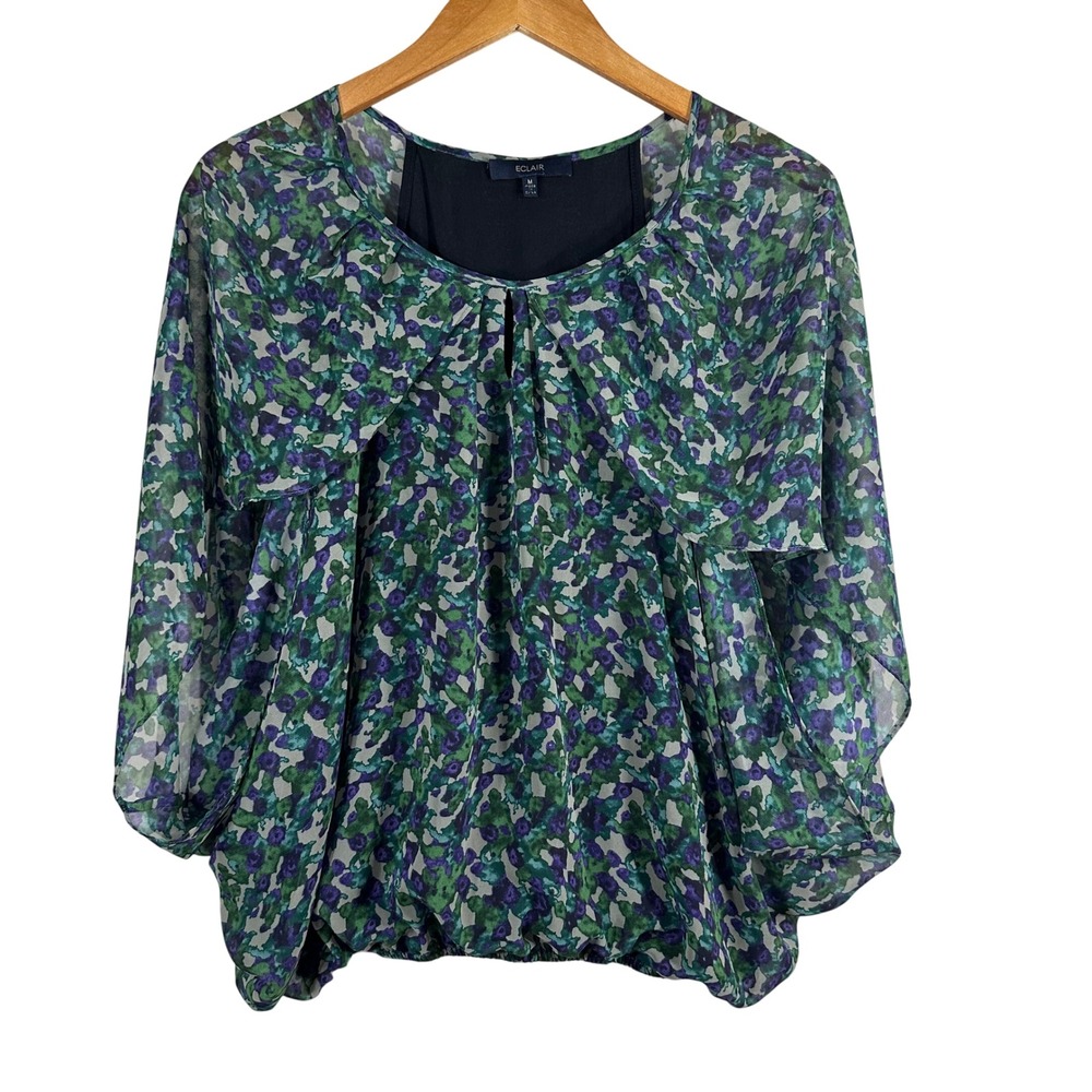 Eclair Women's Blouse Green Floral Lined Semi‎ Sheer Chiffon Elastic Hem Size M
